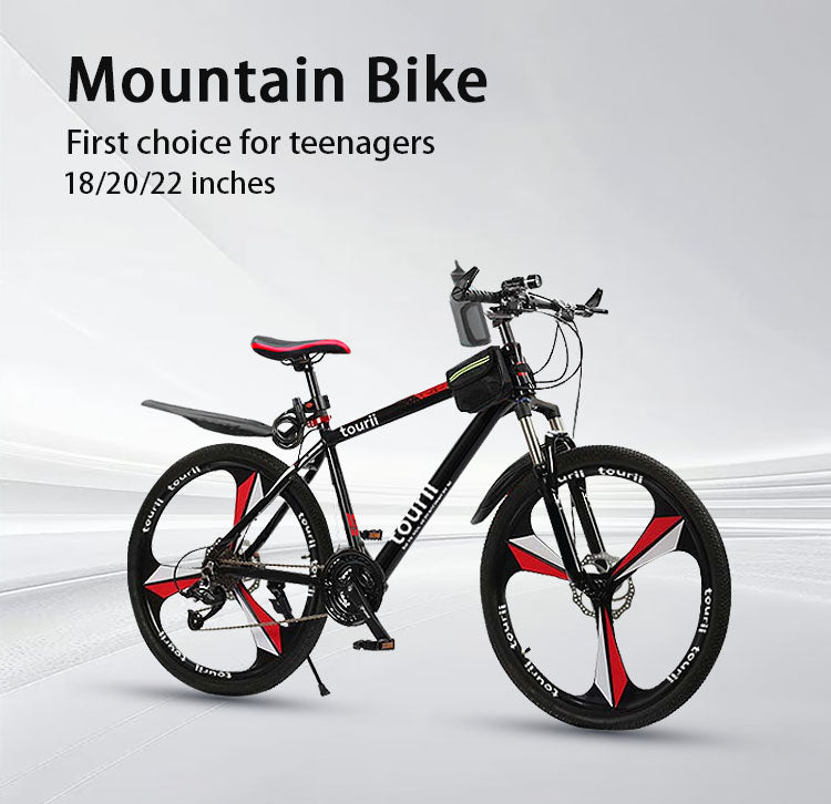 Mountain bike with black and red design on a white background