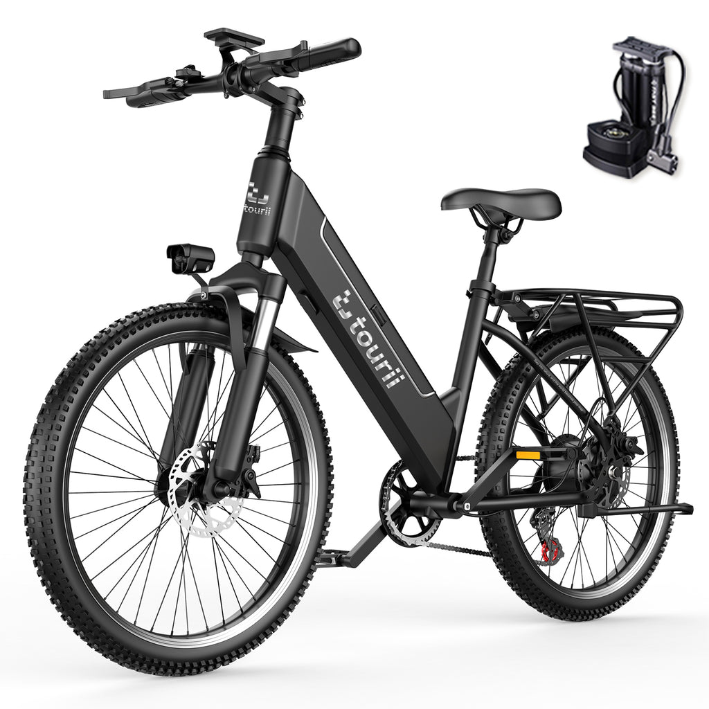 Tourii F26 Adult electric bike, electric mountain bike 1500W peak electric lightweight, 450Wh detachable battery, 25 mph 35 mph, 26 inch all terrain, 7-speed and front suspension
