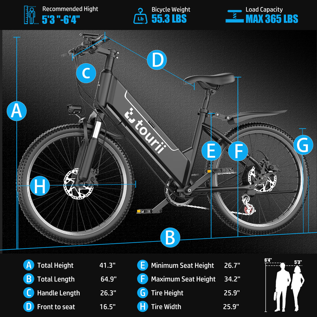 Tourii F26 Adult electric bike, electric mountain bike 1500W peak electric lightweight, 450Wh detachable battery, 25 mph 35 mph, 26 inch all terrain, 7-speed and front suspension