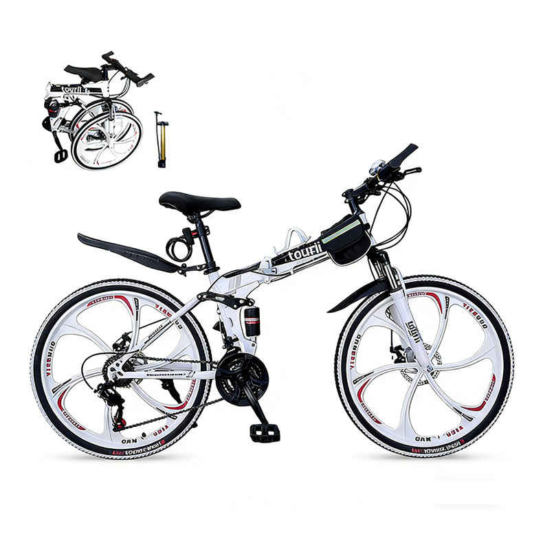 Tourii LH24/26 inch 24 speed folding mountain bike - high carbon steel frame, magnesium alloy integrated wheels, shock absorption function, suitable for both men and women