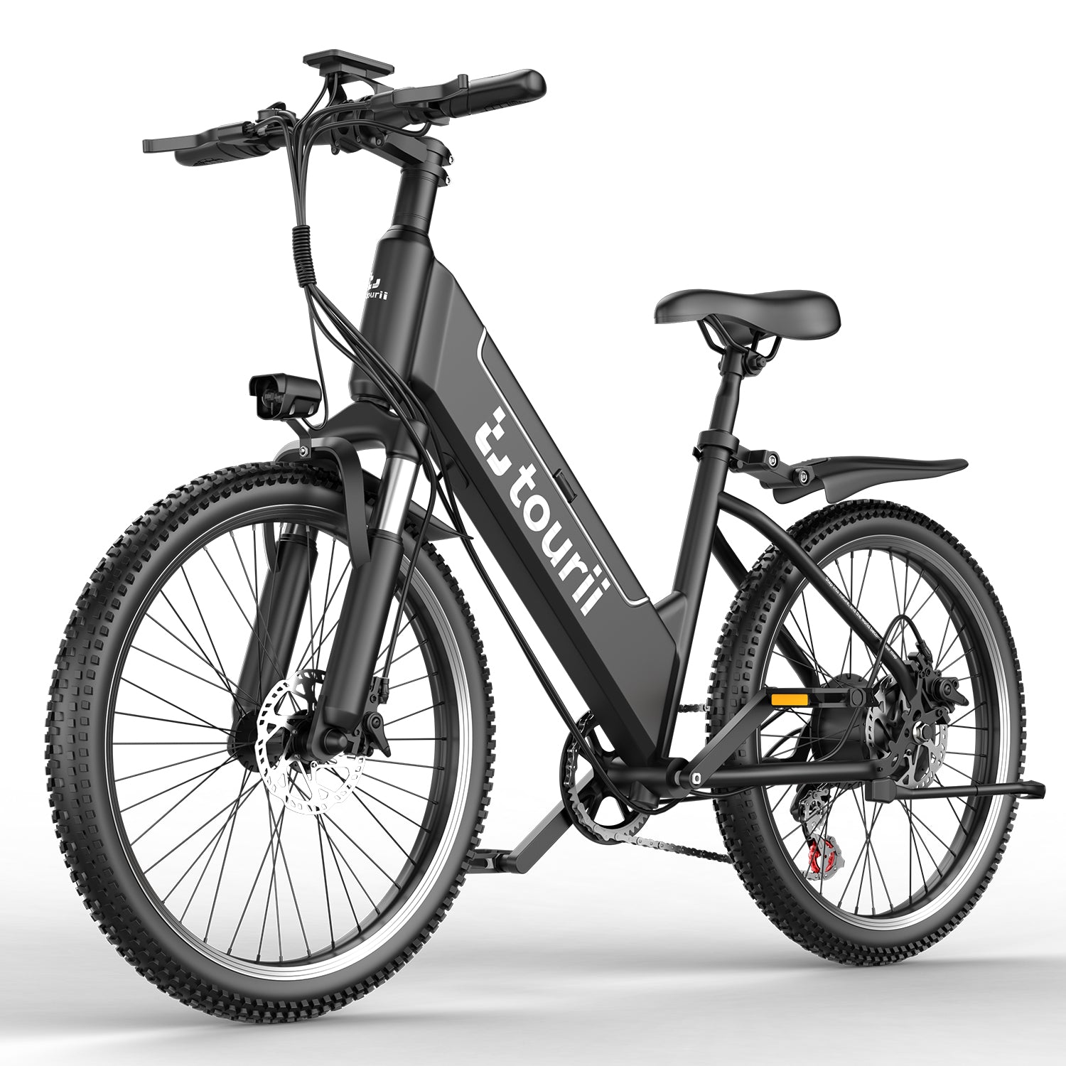 Tourii F26 Adult electric bike, electric mountain bike 1500W peak electric lightweight, 450Wh detachable battery, 25 mph 35 mph, 26 inch all terrain, 7-speed and front suspension