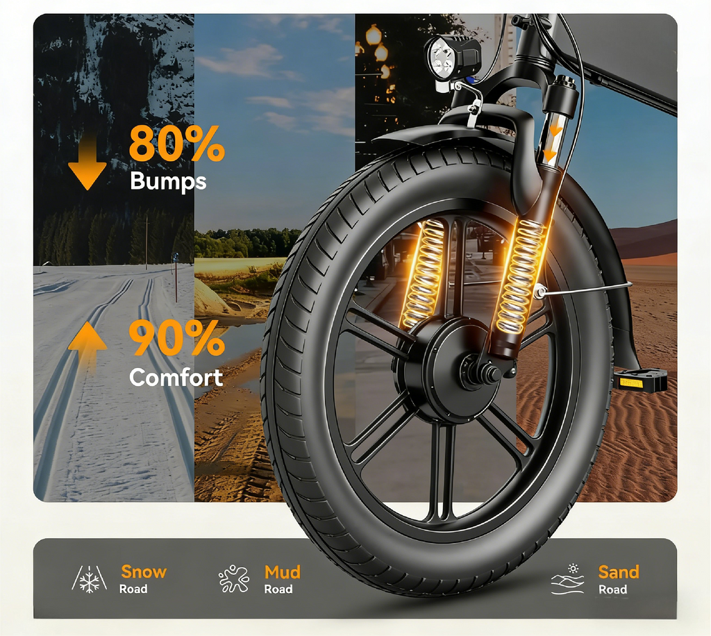 Tourii EP-2 20 inch electric folding bicycle is portable, ultra light, and provides shock absorption assistance for mountain bikes